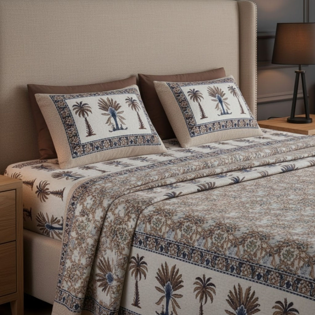 Whimsical Woodcuts Taupe Block Print Pure Cotton Double Bedsheet